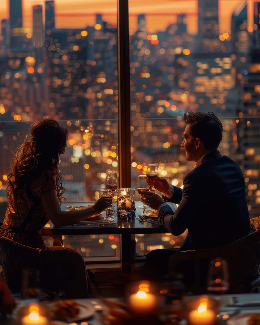An elegant evening date setting in Melbourne with warm city lights